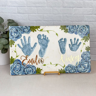 Elegant Flowers Hand and Foot Siblings Clay Plaque