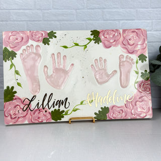 Elegant Flowers Hand and Foot Siblings Clay Plaque