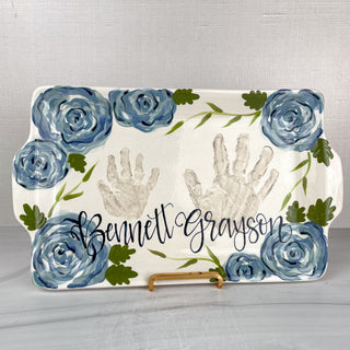 Large tray decorated with blue florals and two children's handprints 