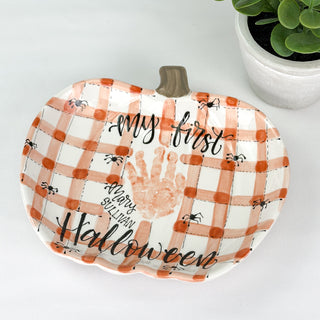 My First Halloween Spooky Gingham Pumpkin Dish