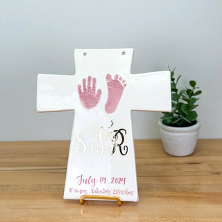 Cross Plaque with Monogram and Baby Birth Stats