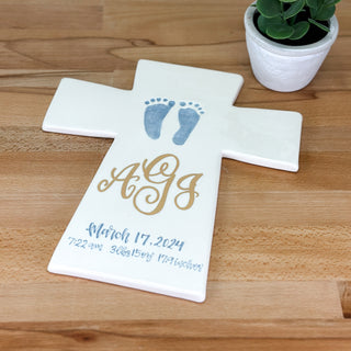 Cross Plaque with Monogram and Baby Birth Stats
