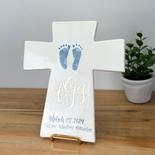 Cross Plaque with Monogram and Baby Birth Stats