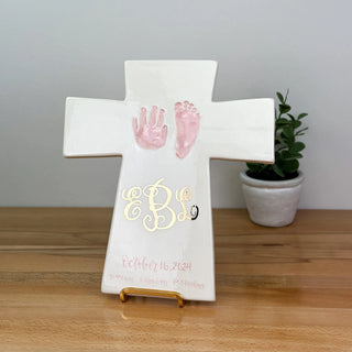 Cross Plaque with Monogram and Baby Birth Stats