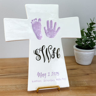 Cross Plaque with Monogram and Baby Birth Stats
