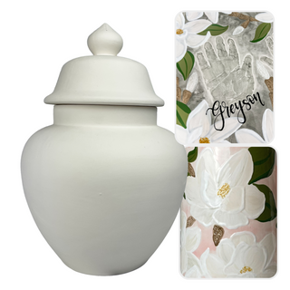 Magnolia themed jar made with children's handprints or footprints. 