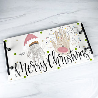 Large platter decorated with Santa as a handprint and a reindeer as a handprint