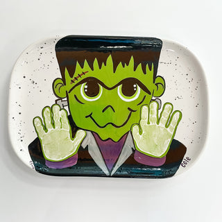 Rectangle tray decorated with Frankenstein made from children's handprints 