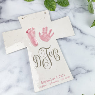 Cross Plaque with Monogram and Baby Birth Stats